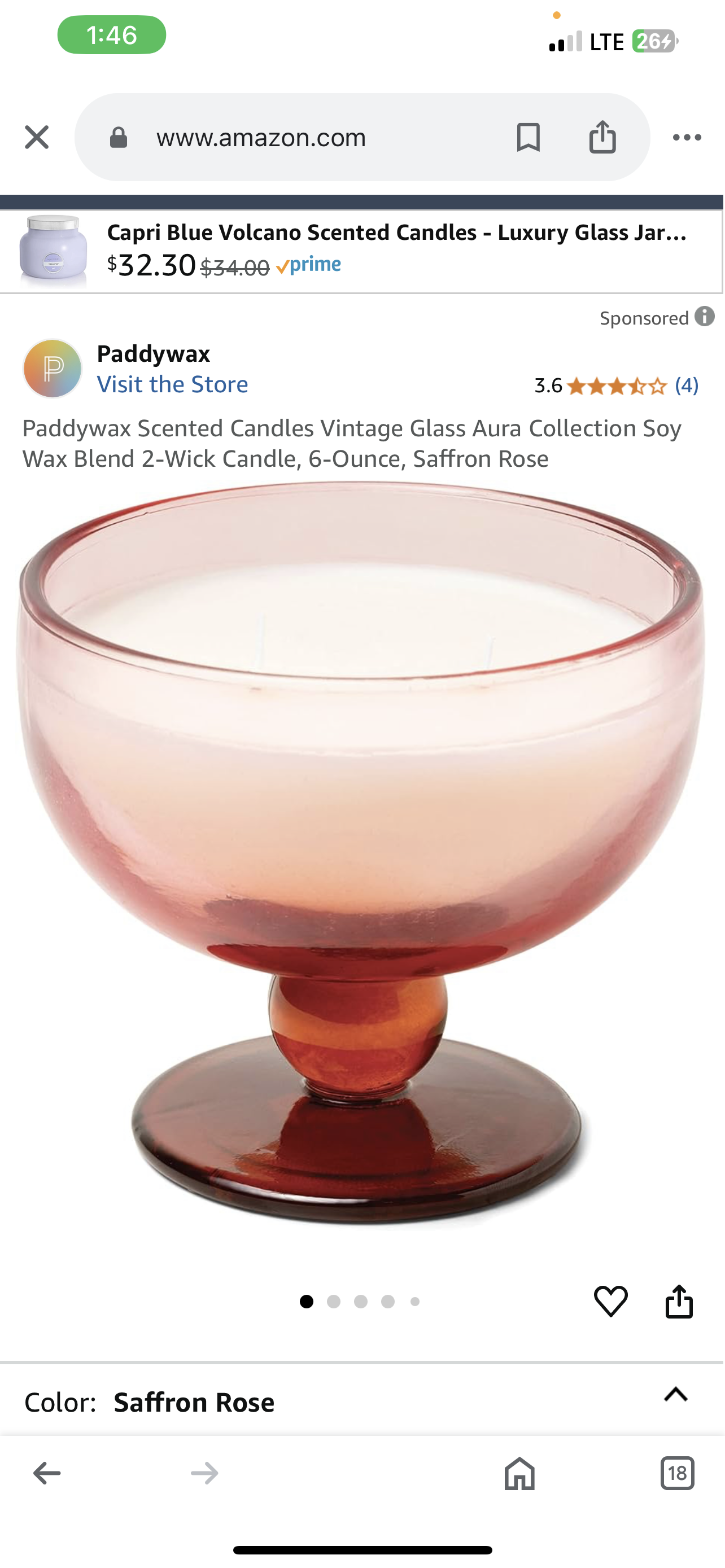 Paddywax Scented Candles Vintage Glass Aura Collection Soy Wax Blend 2-Wick Candle, 6-Ounce, Saffron Rose