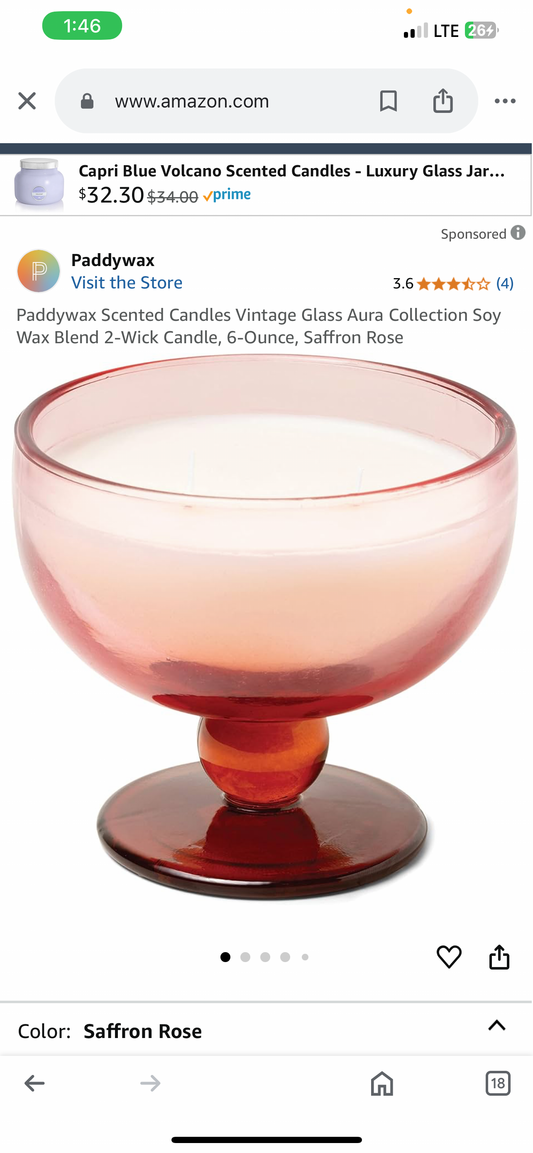 Paddywax Scented Candles Vintage Glass Aura Collection Soy Wax Blend 2-Wick Candle, 6-Ounce, Saffron Rose