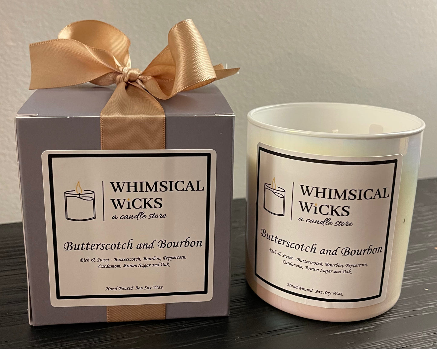 Whimsical Wicks - Butterscotch and Bourbon 9oz Boxed Candle