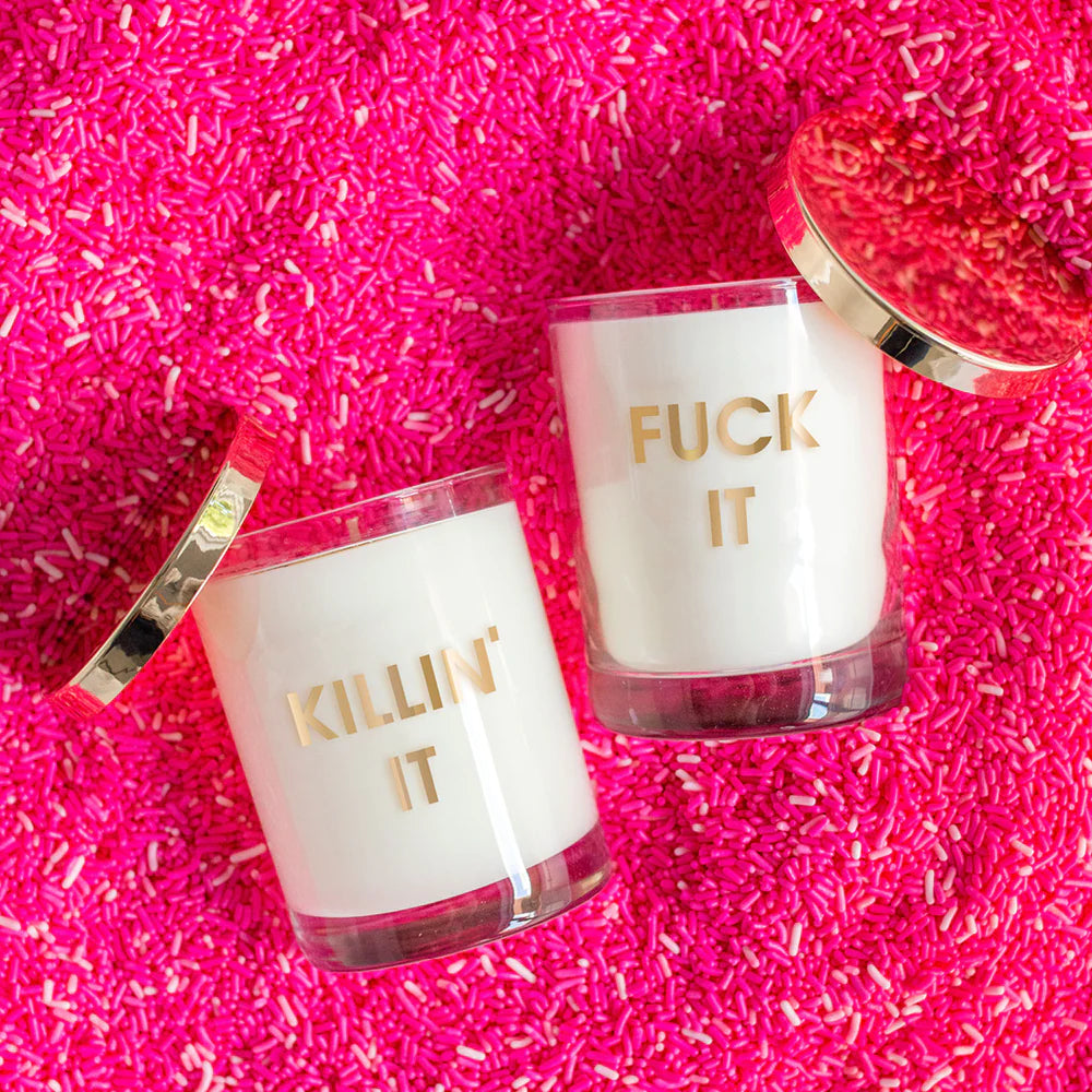 FUCK IT CANDLE- GOLD FOIL ROCKS GLASS